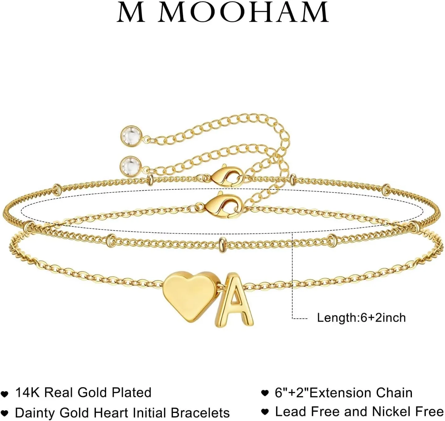 M MOOHAM Initial Heart Gold Bracelets for Women - Layered Dainty Gold Heart Letter A-Z Charm Bracelets for Women, Chain Link Charm Bracelets Beaded Bracelets Birthday Gifts Womens Jewelry