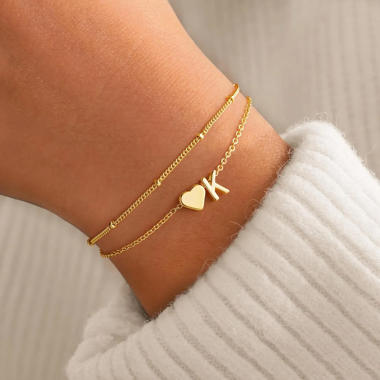M MOOHAM Initial Heart Gold Bracelets for Women - Layered Dainty Gold Heart Letter A-Z Charm Bracelets for Women, Chain Link Charm Bracelets Beaded Bracelets Birthday Gifts Womens Jewelry