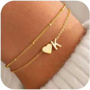 M MOOHAM Initial Heart Gold Bracelets for Women - Layered Dainty Gold Heart Letter A-Z Charm Bracelets for Women, Chain Link Charm Bracelets Beaded Bracelets Birthday Gifts Womens Jewelry