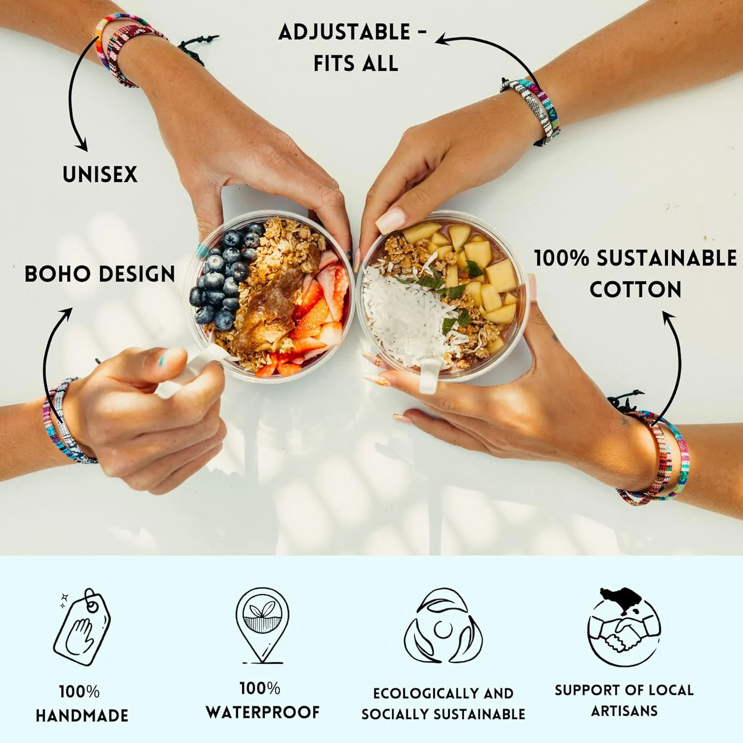 Made by Nami Boho Surfer Bracelets for Men and Women Crafted from Colorful Braided Strings Adjustable and Waterproof Handmade Bracelets for Summer Beach and Ethnic Hippie Style (Blue-White)