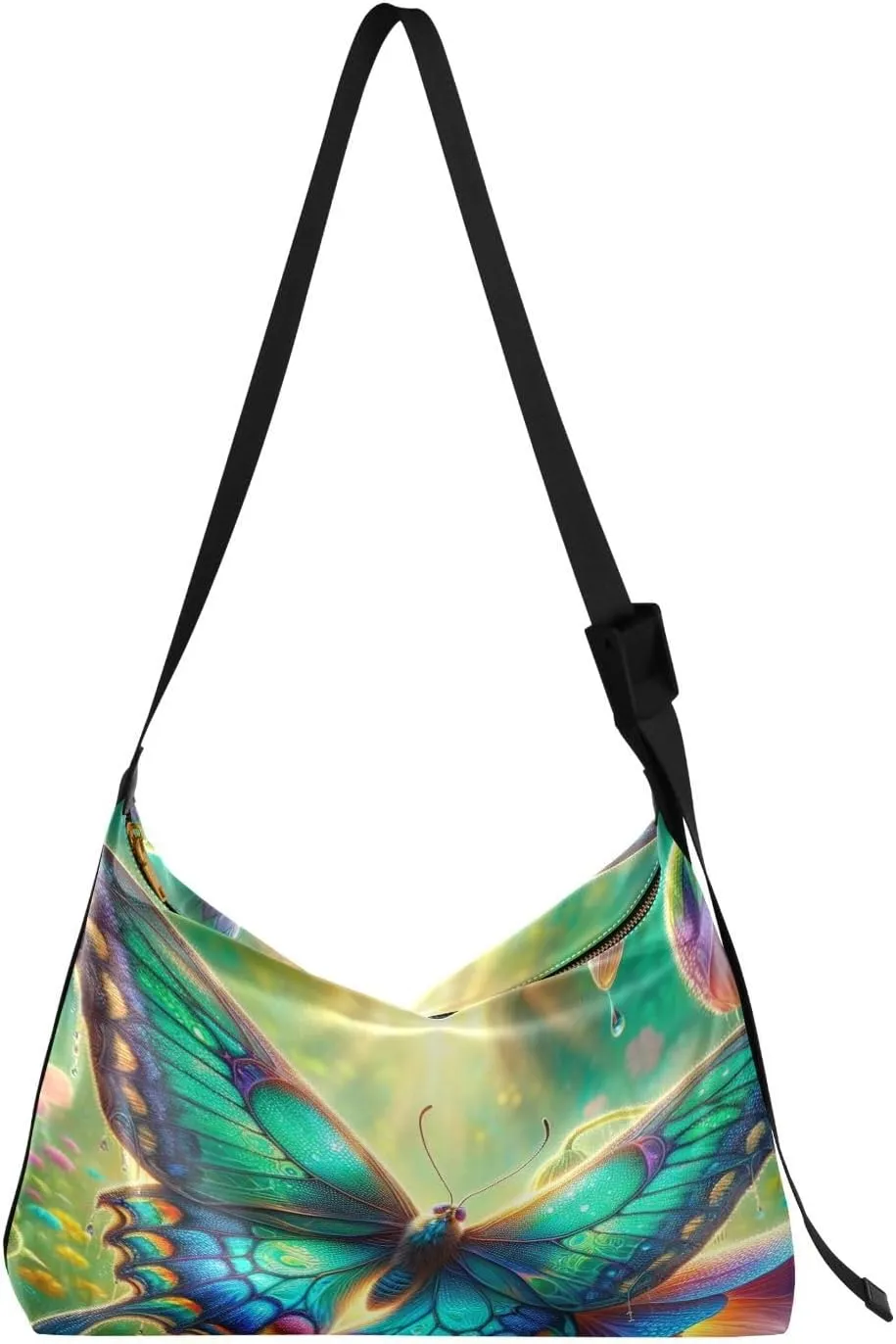 Magical Butterfly Valley Hobo Crossbody Bags for Women Leather Large Shoulder Bag Cross Body Flower Garden Trendy Womens Tote Bags Handbag for Travel Shopping