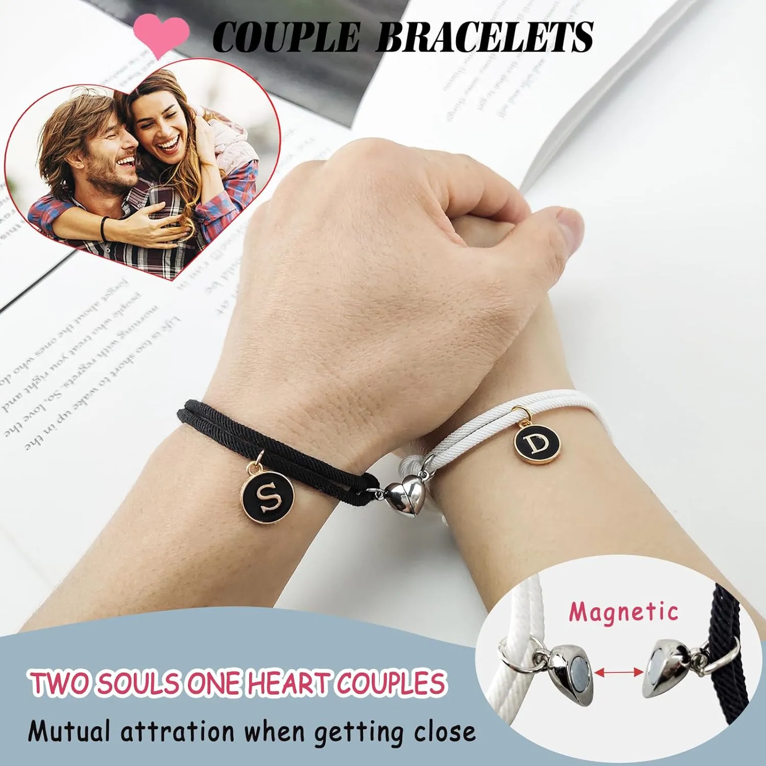 Matching Bracelets for Couples, Pinky Promise Bracelet with A-Z Pendant Letters, Gift for Boyfriend Girlfriend Best Friend with Cute Heart Matching Bracelet