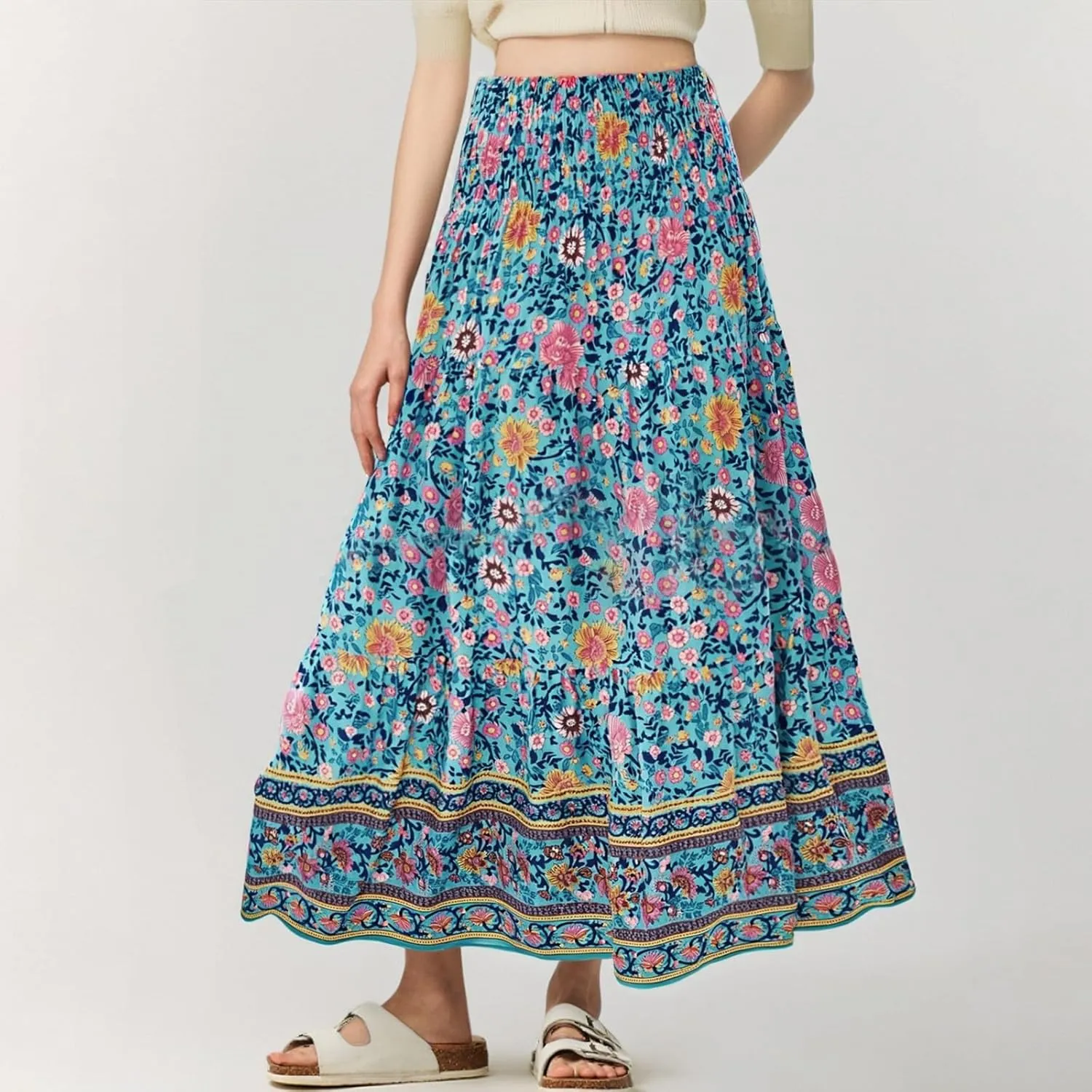 Maxi Skirts for Women Floral Boho Long Flowy Skirt Smocked Elastic High Waisted Skirts A Line Beach Midi Skirt