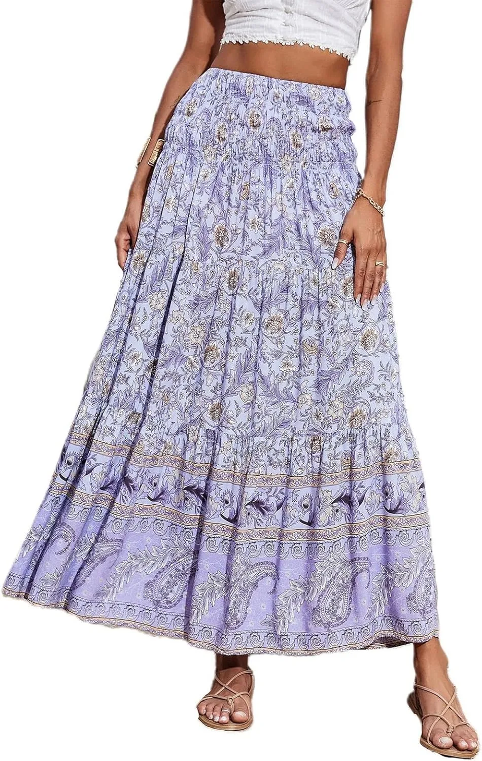 Maxi Skirts for Women Floral Boho Long Flowy Skirt Smocked Elastic High Waisted Skirts A Line Beach Midi Skirt