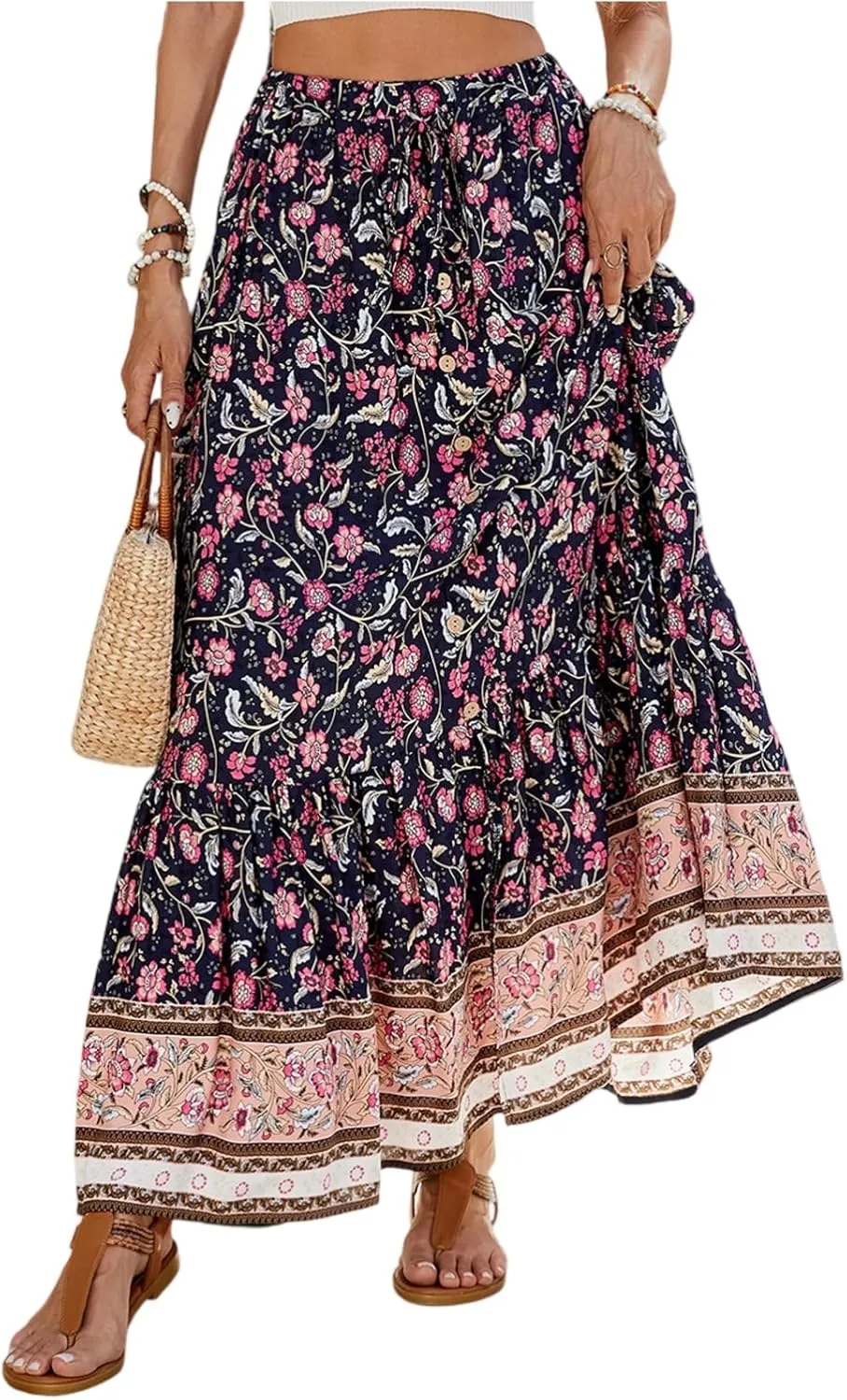 Maxi Skirts for Women Floral Boho Tiered Long Skirt Drawstring Beach A Line Midi Skirt Summer Bohemian Skirts