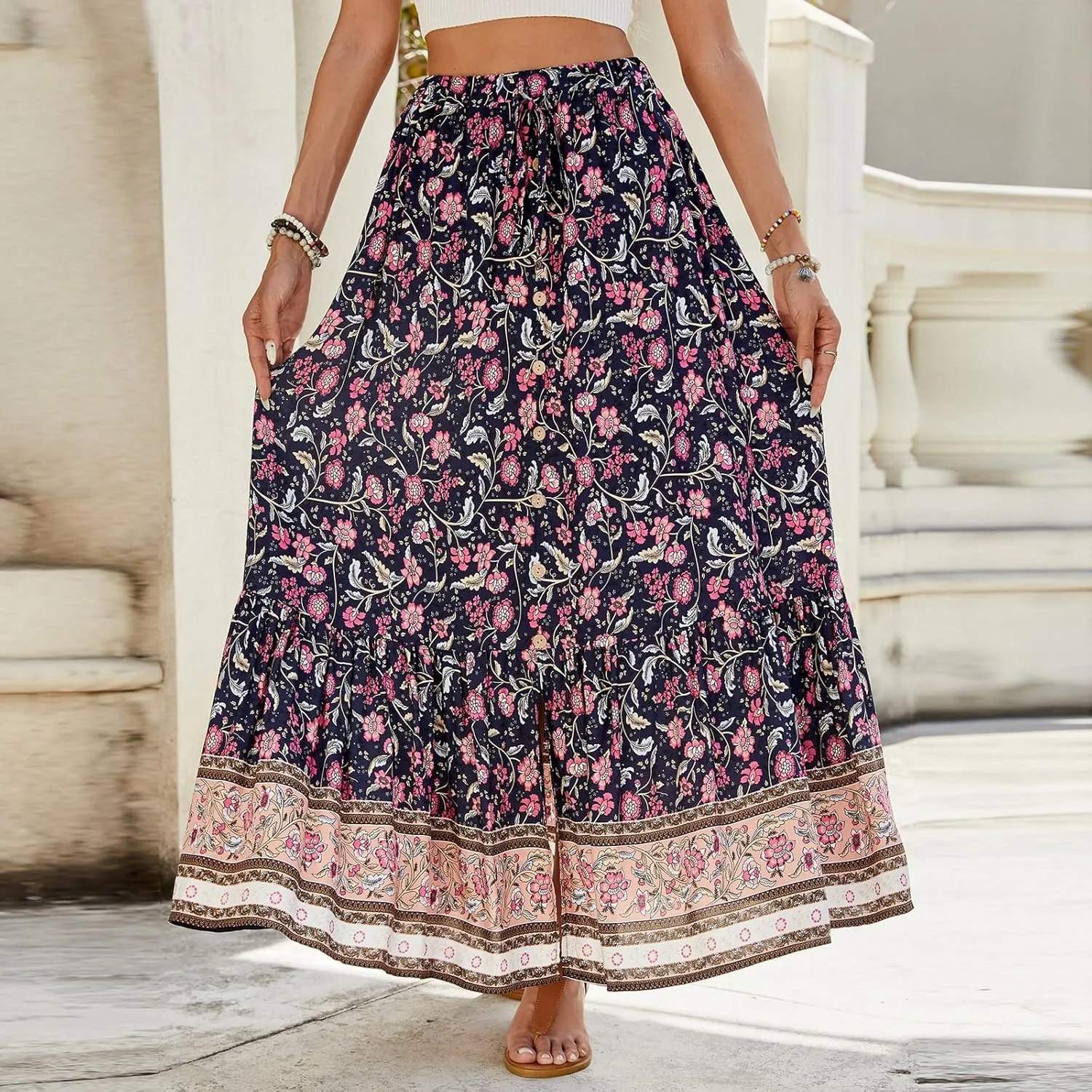 Maxi Skirts for Women Floral Boho Tiered Long Skirt Drawstring Beach A Line Midi Skirt Summer Bohemian Skirts