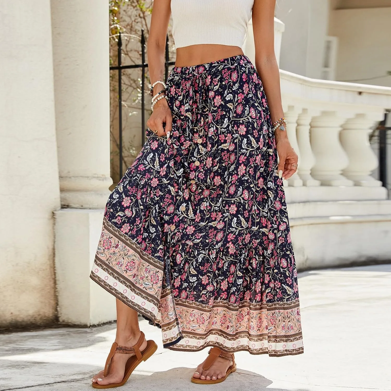 Maxi Skirts for Women Floral Boho Tiered Long Skirt Drawstring Beach A Line Midi Skirt Summer Bohemian Skirts