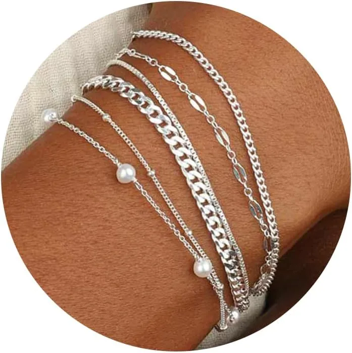 MBW Silver Bracelet Set - Dainty 14K Silver Bracelets, Waterproof, Trendy Minimalist, Small Thin Bracelets for Women, Gift