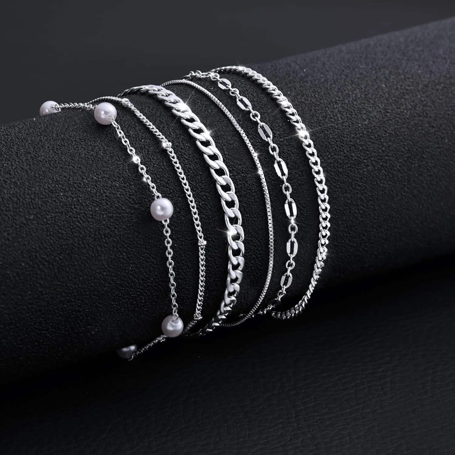 MBW Silver Bracelet Set - Dainty 14K Silver Bracelets, Waterproof, Trendy Minimalist, Small Thin Bracelets for Women, Gift