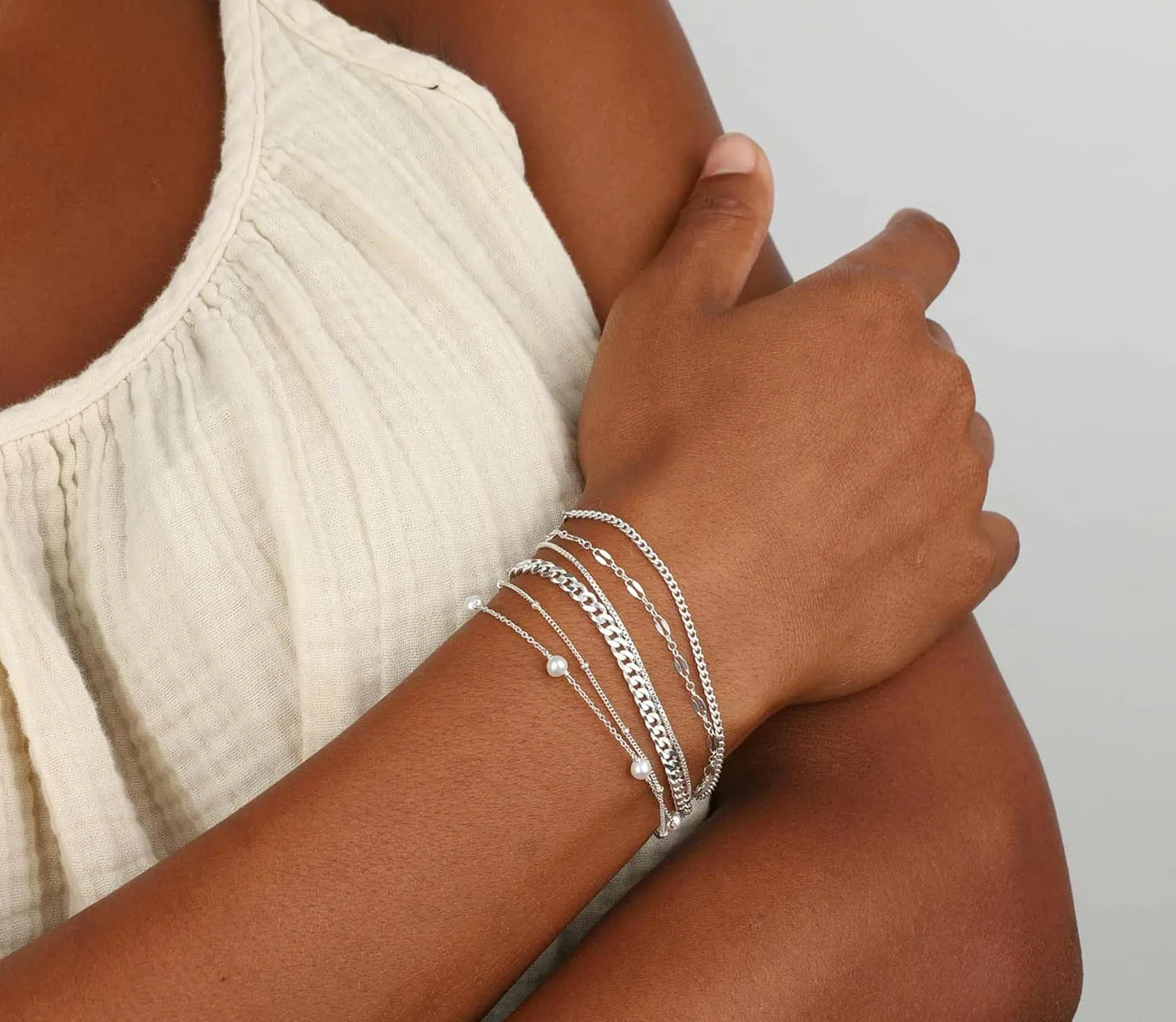 MBW Silver Bracelet Set - Dainty 14K Silver Bracelets, Waterproof, Trendy Minimalist, Small Thin Bracelets for Women, Gift