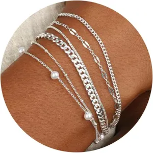 MBW Silver Bracelet Set - Dainty 14K Silver Bracelets, Waterproof, Trendy Minimalist, Small Thin Bracelets for Women, Gift
