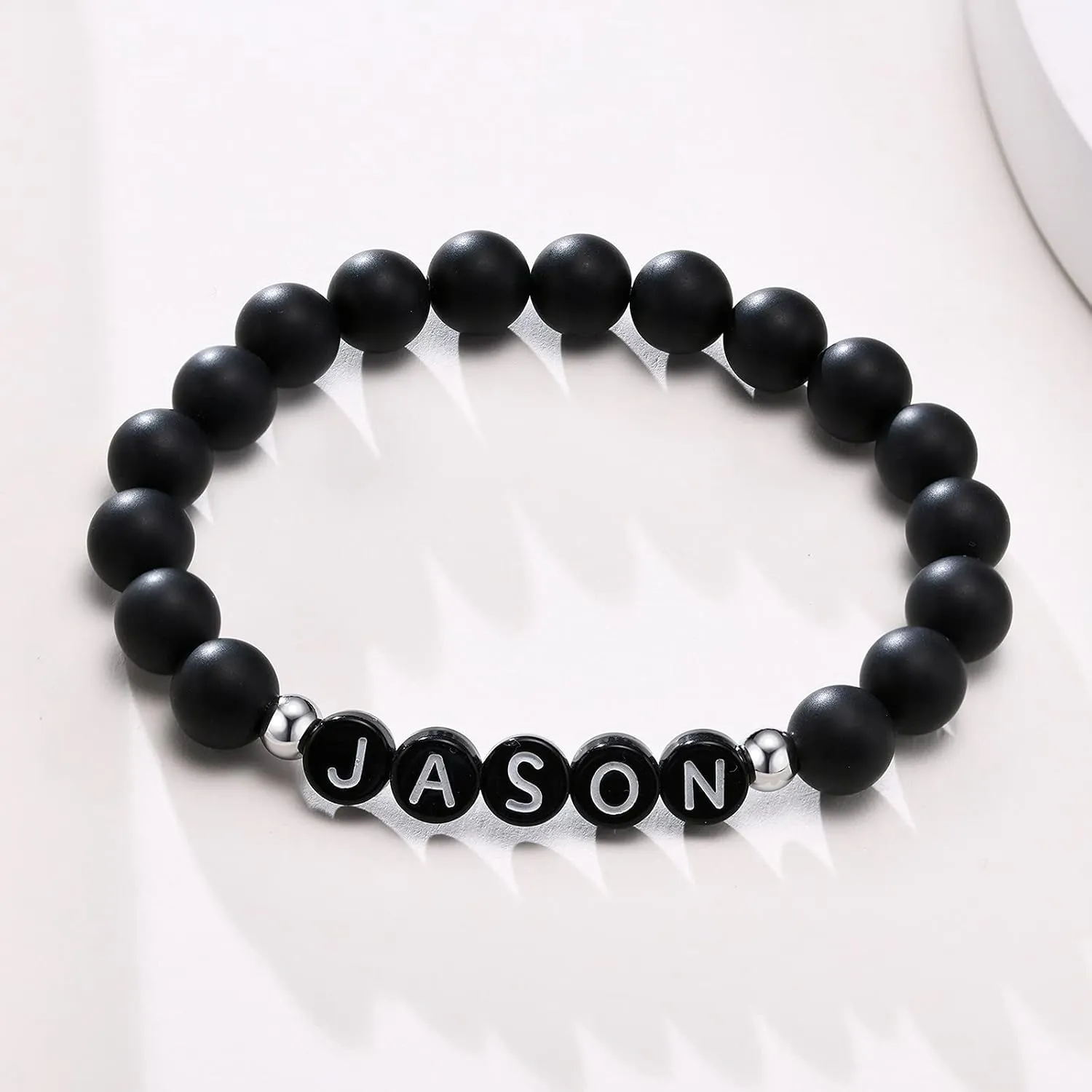 MEALGUET Custom Name Beaded Bracelet : Handmade Personalized Initial Name Alphabet Word Letter Black Matte Agate Beads Stretch Link Bracelet, Gift for him her Friend Mom Dad