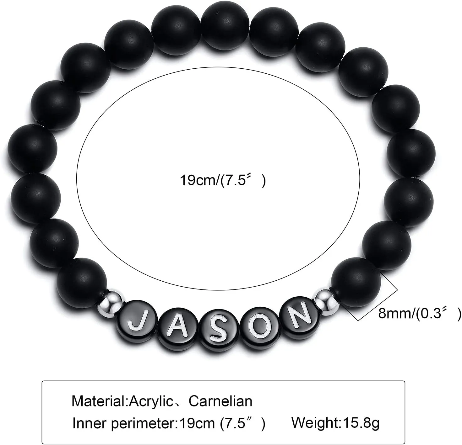 MEALGUET Custom Name Beaded Bracelet : Handmade Personalized Initial Name Alphabet Word Letter Black Matte Agate Beads Stretch Link Bracelet, Gift for him her Friend Mom Dad