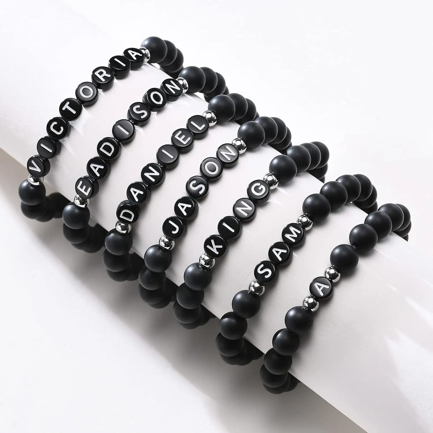 MEALGUET Custom Name Beaded Bracelet : Handmade Personalized Initial Name Alphabet Word Letter Black Matte Agate Beads Stretch Link Bracelet, Gift for him her Friend Mom Dad