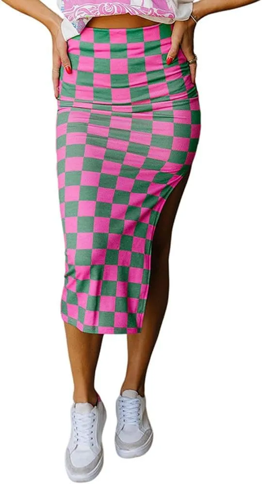 Melliflo Plaid Skirts for Women Elegant High Waisted Side Slit Pencil Skirt Y2k Checkered Print Bodycon Skirts 2025