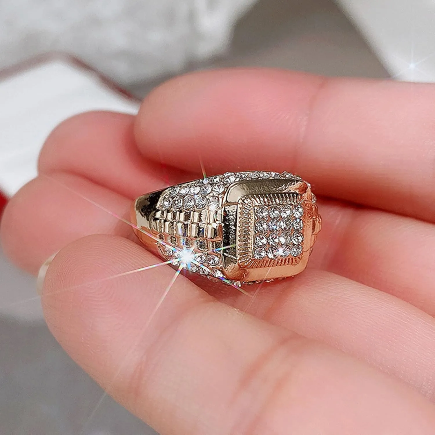 Men Ring 14K Gold Cluster Iced Out Lab Simulated Diamond Band Micropave Bling Ring for Women Mens Wedding Engagement RGold Plated Gemstone Square Cut Cubic Zirconia Eternity Ring(7-12)-12
