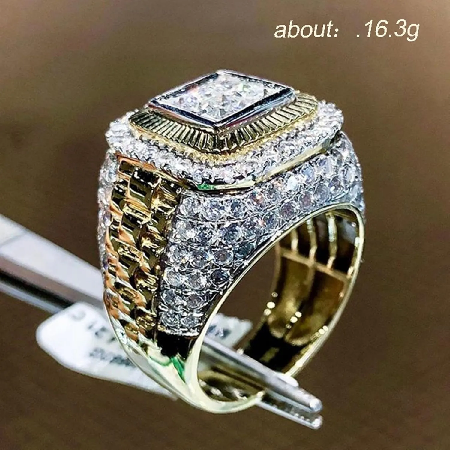 Men Ring 14K Gold Cluster Iced Out Lab Simulated Diamond Band Micropave Bling Ring for Women Mens Wedding Engagement RGold Plated Gemstone Square Cut Cubic Zirconia Eternity Ring(7-12)-12