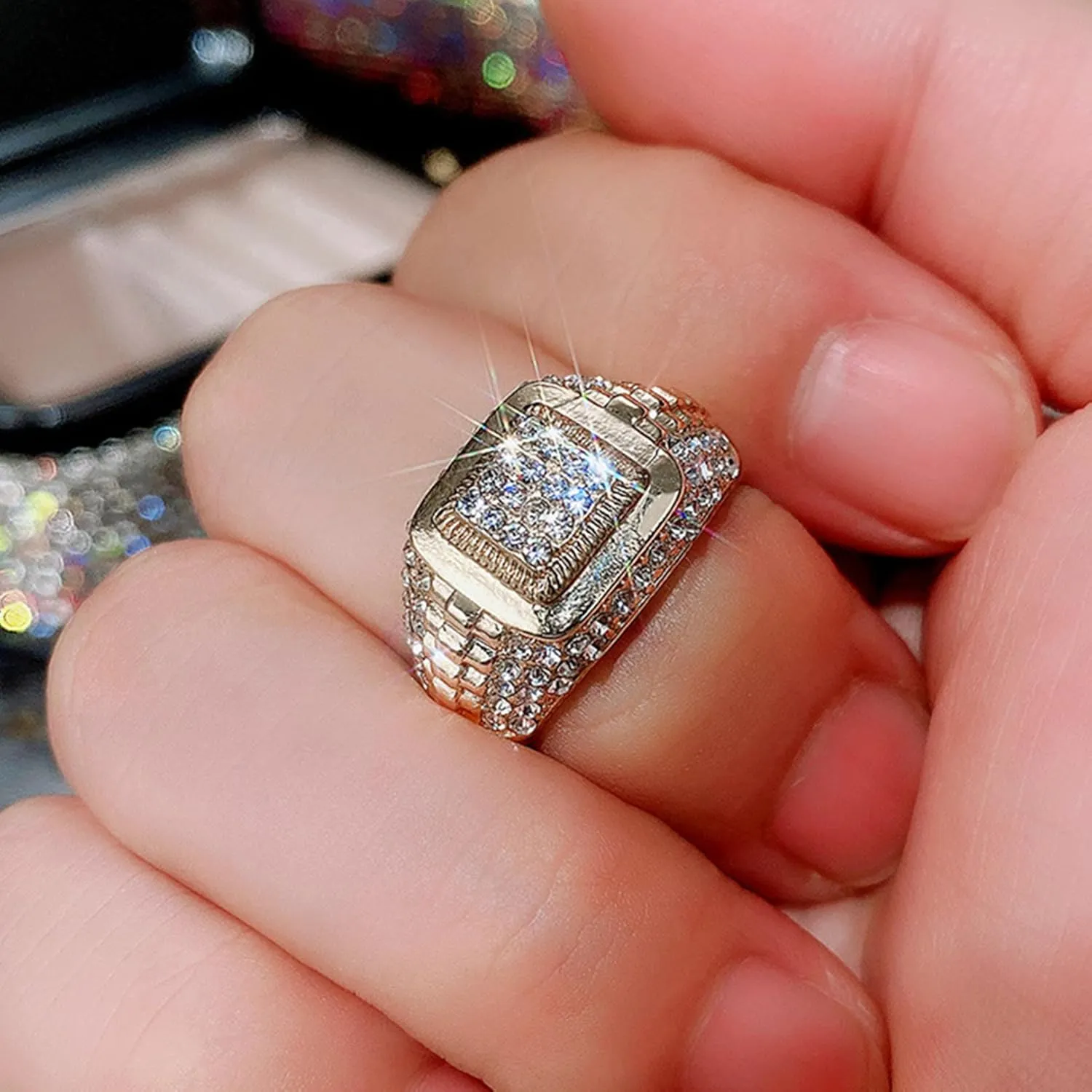 Men Ring 14K Gold Cluster Iced Out Lab Simulated Diamond Band Micropave Bling Ring for Women Mens Wedding Engagement RGold Plated Gemstone Square Cut Cubic Zirconia Eternity Ring(7-12)-12