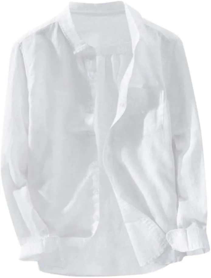 Men T Shirts Casual Loose Cotton Linen Button Down Long Sleeve Collar Shirt Tropical Holiday Soft Fit Beach Tops