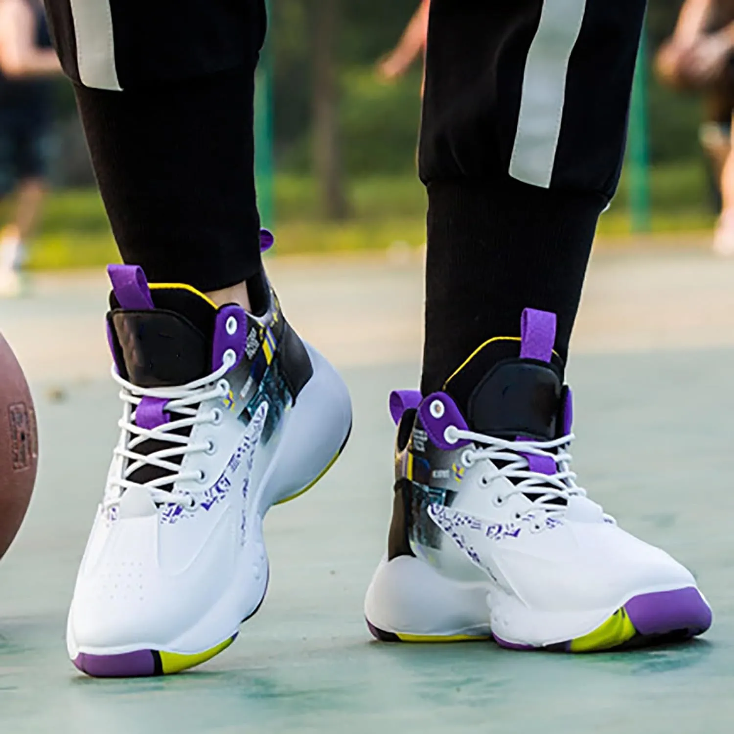 Men's Breathable Lac Up Cushioning Basketball Shoes Fashion High-Top Non-Slip Sneakers Casual for Gym Sports Tennis Jogging Running Walking