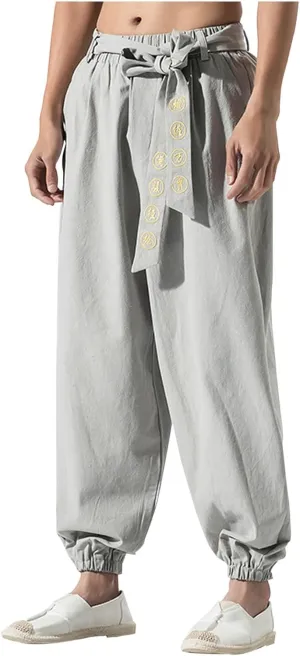 Mens Casual Cotton Linen Pants Lightweight Elastic Waist Drawstring Yoga Jogger Pants Hippie Beach Baggy Harem Pants