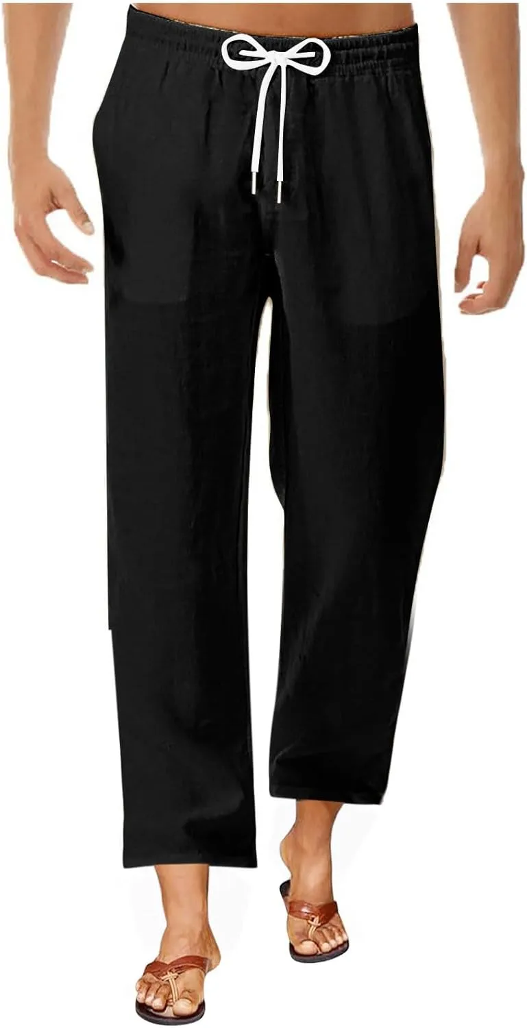Mens Casual Pants Linen Pants Relaxed-Fit Beach Trousers Summer Yoga Pants Soft Elastic Waist Pants