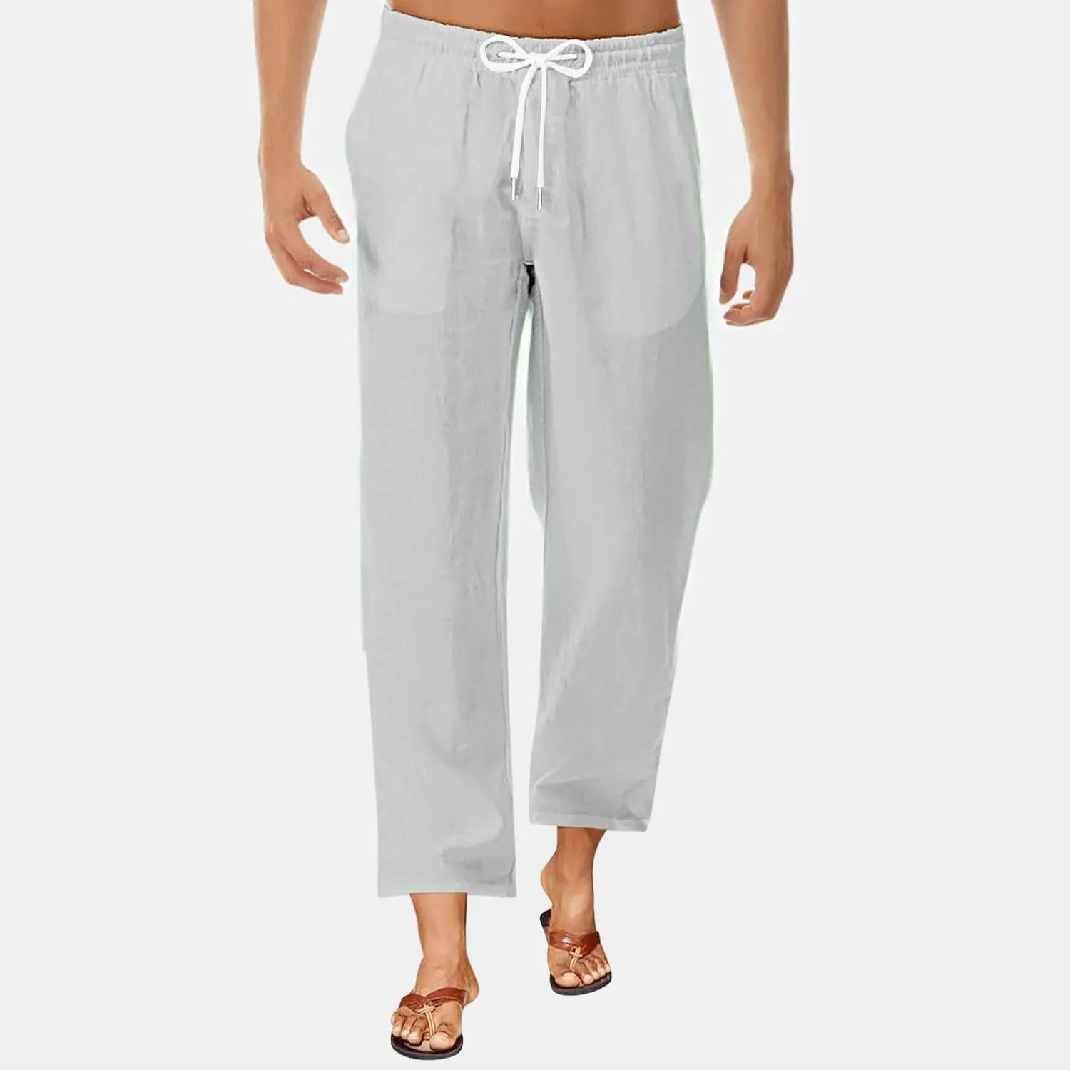 Mens Casual Pants Linen Pants Relaxed-Fit Beach Trousers Summer Yoga Pants Soft Elastic Waist Pants