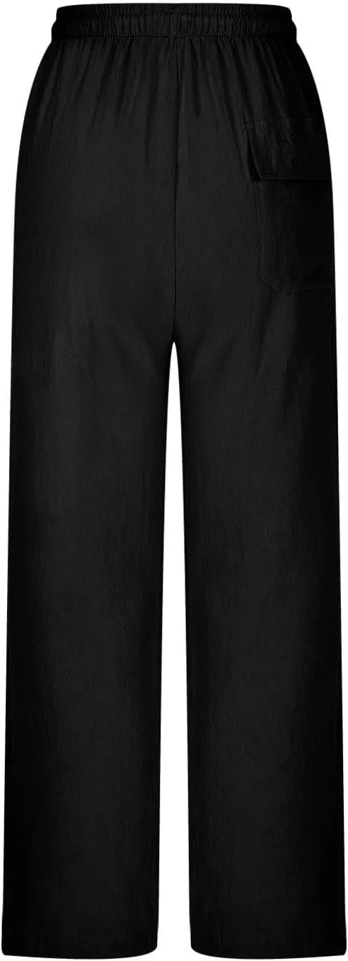 Mens Casual Pants Linen Pants Relaxed-Fit Beach Trousers Summer Yoga Pants Soft Elastic Waist Pants