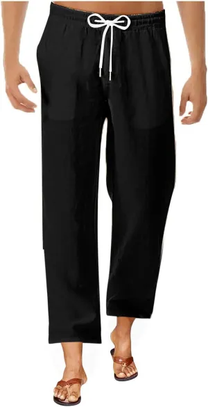 Mens Casual Pants Linen Pants Relaxed-Fit Beach Trousers Summer Yoga Pants Soft Elastic Waist Pants