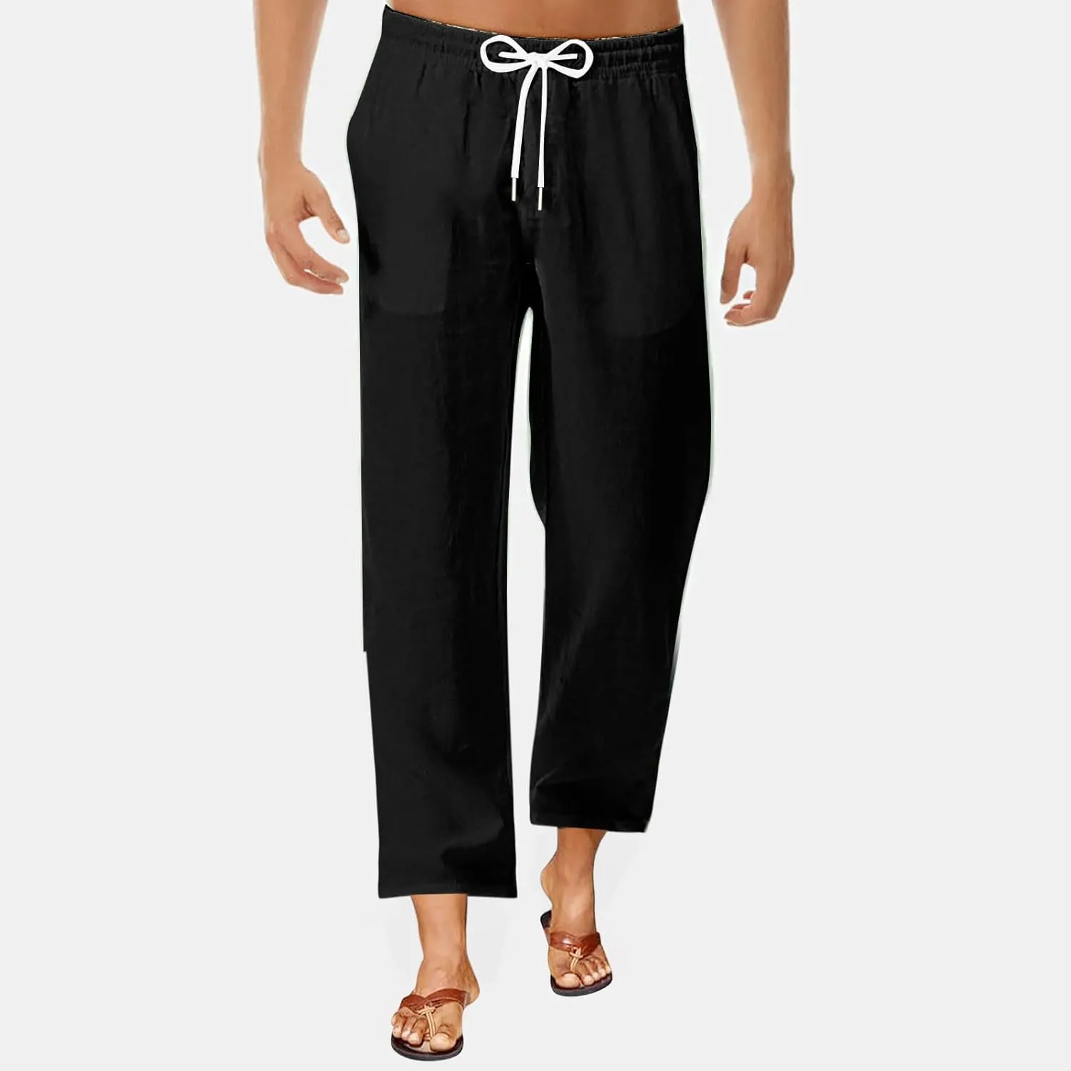 Mens Casual Pants Linen Pants Relaxed-Fit Beach Trousers Summer Yoga Pants Soft Elastic Waist Pants