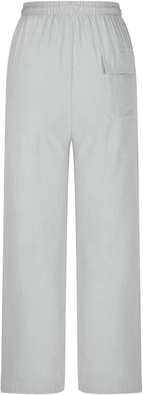 Mens Casual Pants Linen Pants Relaxed-Fit Beach Trousers Summer Yoga Pants Soft Elastic Waist Pants