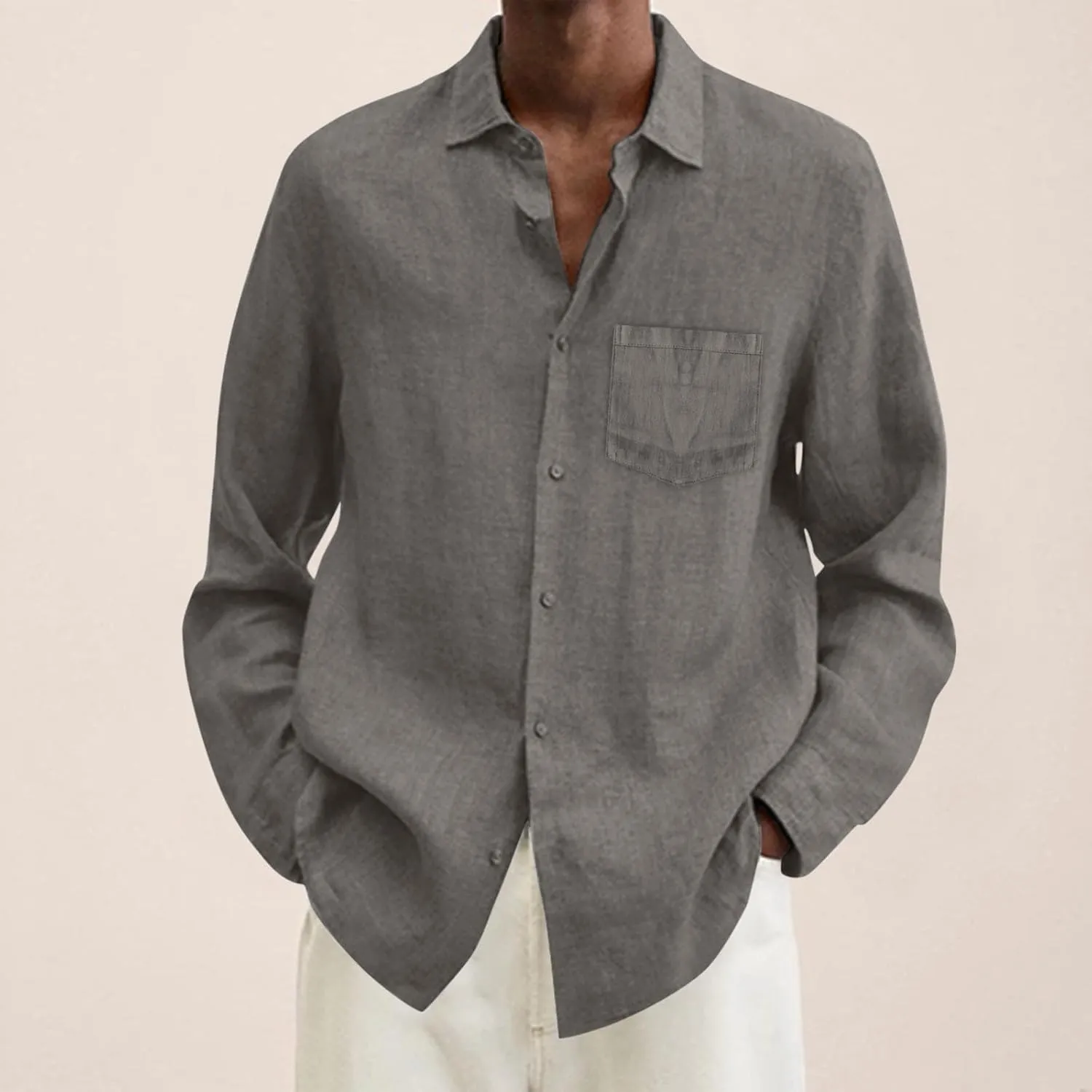 Mens Cotton Linen Button Down Shirts Long Sleeve Loose Fit Lapel T Shirts Retro Lightweight Solid Color Dress Shirt