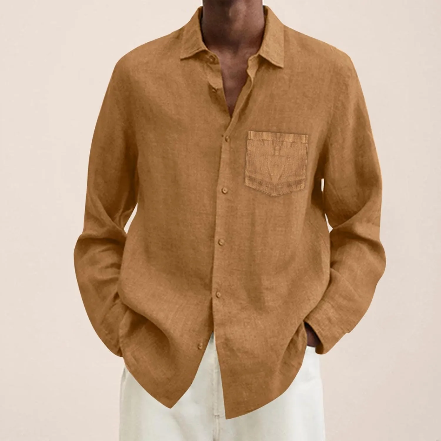 Mens Cotton Linen Button Down Shirts Loose Fit Long Sleeve Lapel T Shirts Retro Lightweight Solid Color Dress Shirt