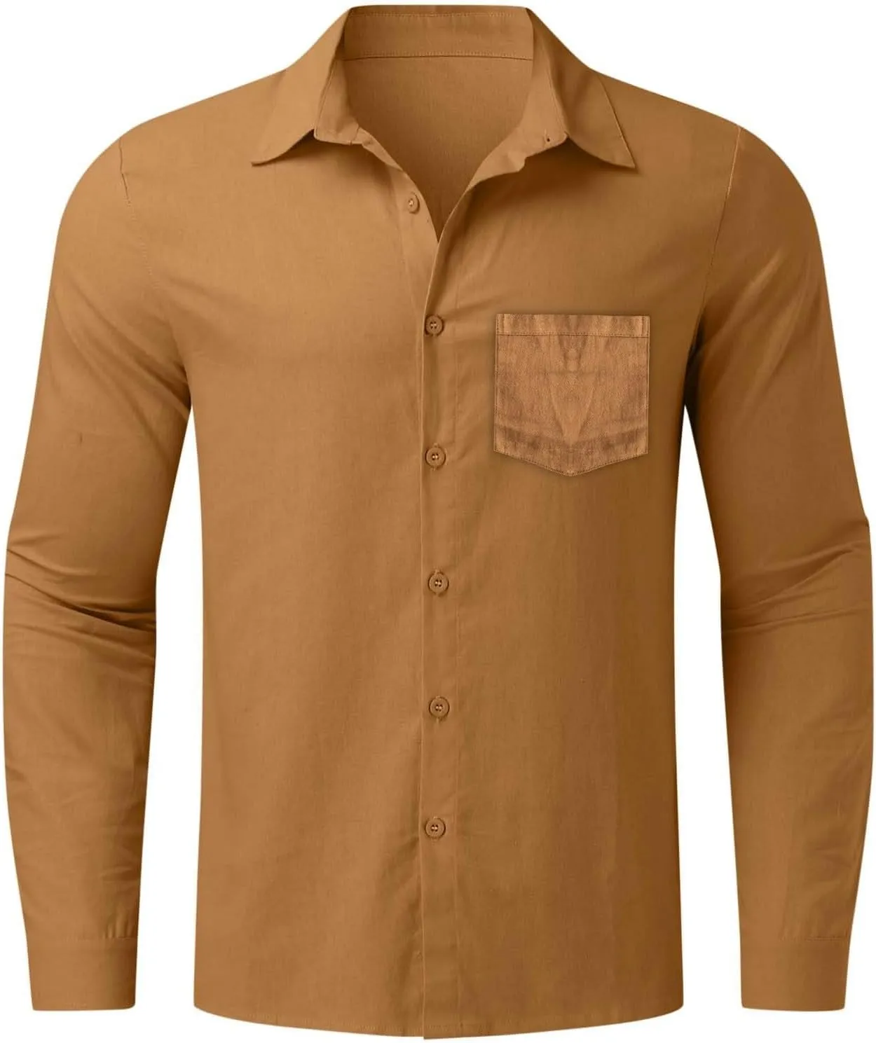 Mens Cotton Linen Button Down Shirts Loose Fit Long Sleeve Lapel T Shirts Retro Lightweight Solid Color Dress Shirt