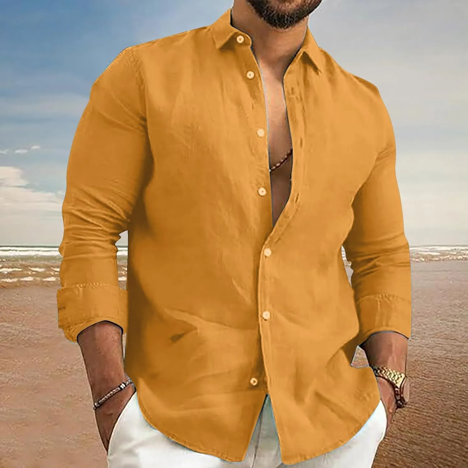 Mens Cotton Linen Button Up T Shirt Spread Collar Roll-Up Sleeve Lightweight Beach Yoga Shirts Trendy Cruise Outfits