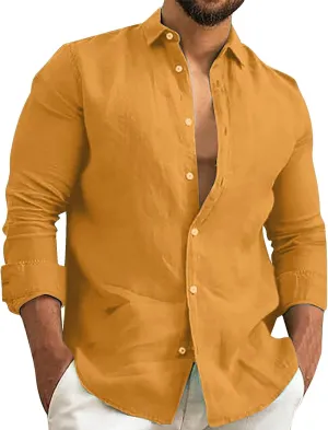 Mens Cotton Linen Button Up T Shirt Spread Collar Roll-Up Sleeve Lightweight Beach Yoga Shirts Trendy Cruise Outfits