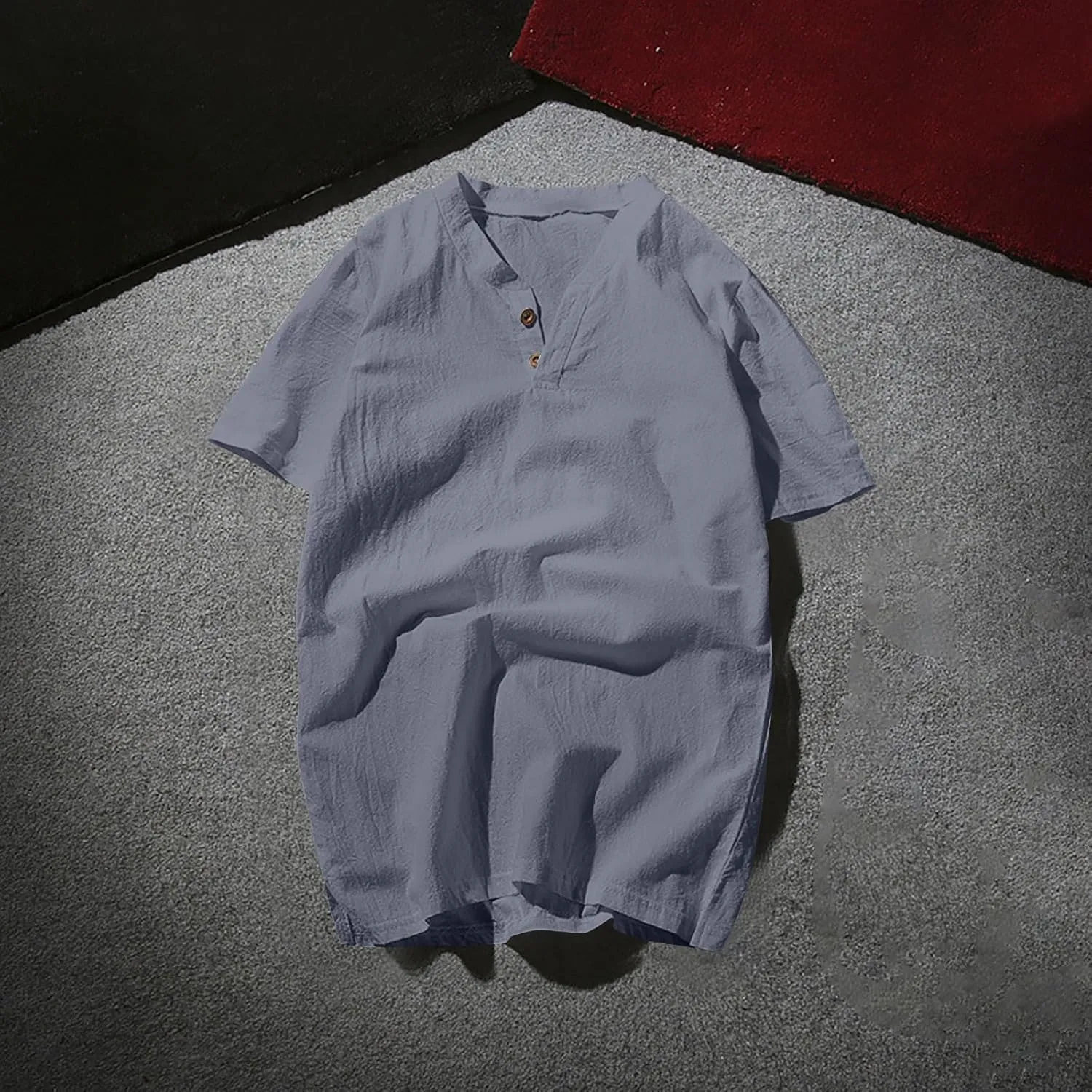 Mens Cotton Linen Henley Shirts Casual V Neck Short Sleeve Tops Lightweight Breathable Lounge Loose T-Shirt