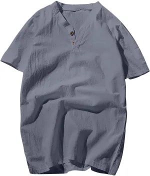 Mens Cotton Linen Henley Shirts Casual V Neck Short Sleeve Tops Lightweight Breathable Lounge Loose T-Shirt