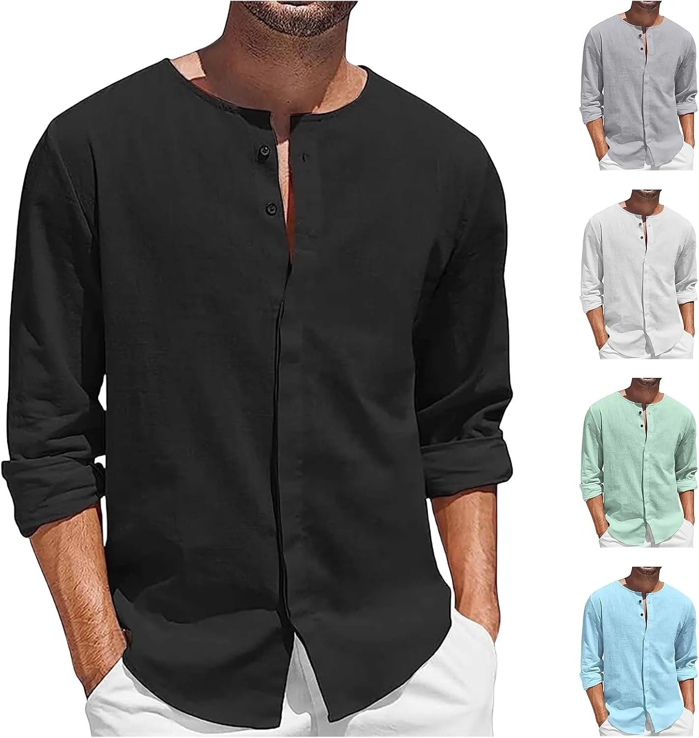 Men's Cotton Linen Long Sleeve Shirts Solid Casual Button Down Banded Collar Shirt Hawaiian Beach Summer Tops for Men
