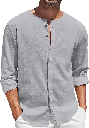 Men's Cotton Linen Long Sleeve Shirts Solid Casual Button Down Banded Collar Shirt Hawaiian Beach Summer Tops for Men