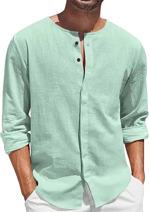Men's Cotton Linen Long Sleeve Shirts Solid Casual Button Down Banded Collar Shirt Hawaiian Beach Summer Tops for Men