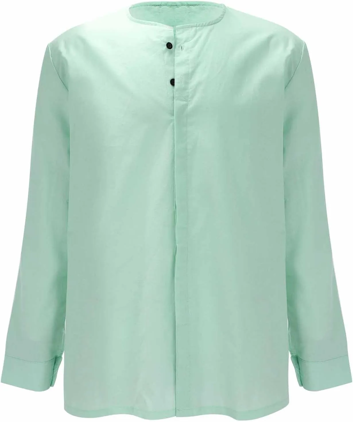 Men's Cotton Linen Long Sleeve Shirts Solid Casual Button Down Banded Collar Shirt Hawaiian Beach Summer Tops for Men