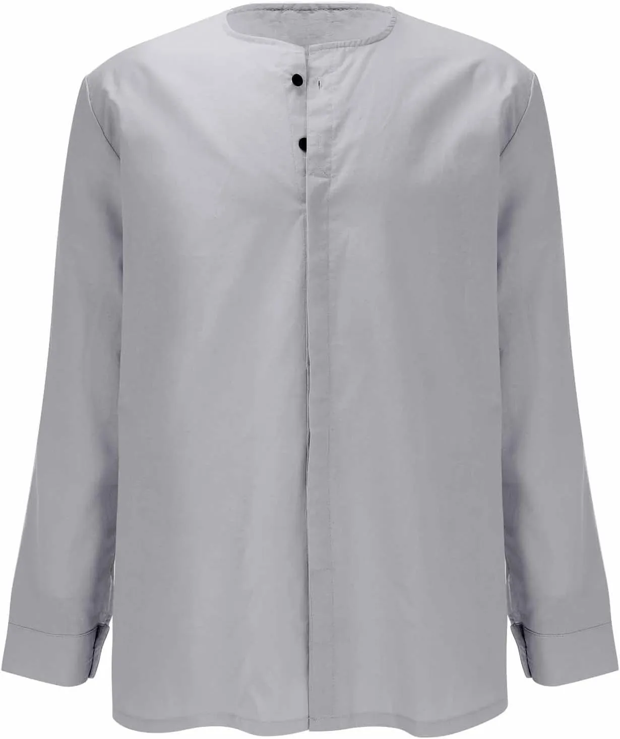 Men's Cotton Linen Long Sleeve Shirts Solid Casual Button Down Banded Collar Shirt Hawaiian Beach Summer Tops for Men