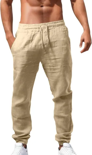 Men's Cotton Linen Pants Casual Drawstring Straight Leg Pleated Workout Pants Relaxed Fit Tapered Trousers