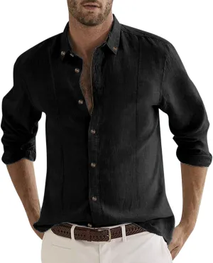 Men's Cuban Guayabera Linen Shirts Long Sleeve Casual Button Down Shirt Classic Fit Solid Collared Basic Beach Tops