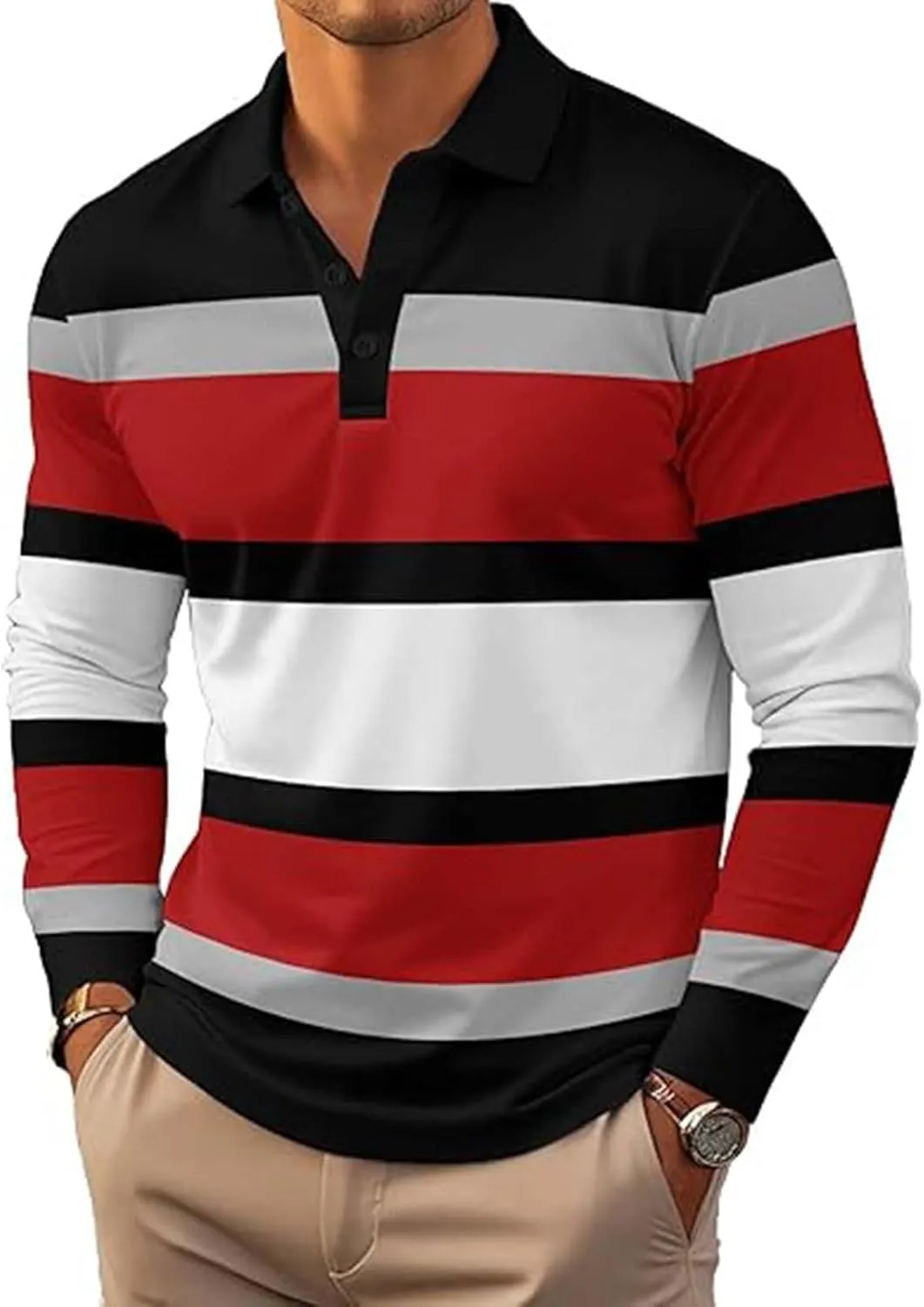 Mens Fashion Long Sleeve Polo Shirts Casual Golf Shirts Color Striped Cotton Tops Lapel Slim Fit Golf Polo Shirts