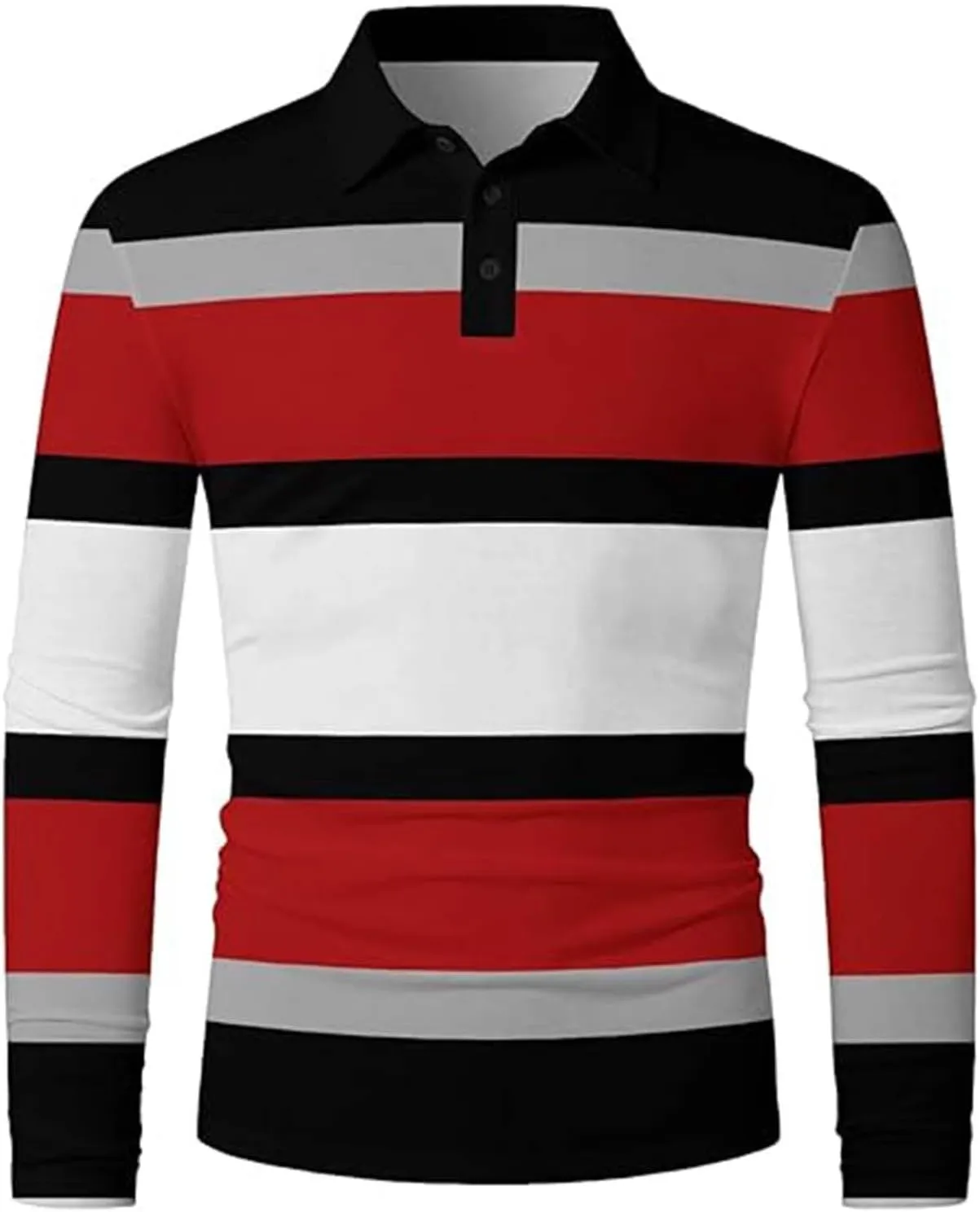 Mens Fashion Long Sleeve Polo Shirts Casual Golf Shirts Color Striped Cotton Tops Lapel Slim Fit Golf Polo Shirts