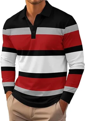 Mens Fashion Long Sleeve Polo Shirts Casual Golf Shirts Color Striped Cotton Tops Lapel Slim Fit Golf Polo Shirts