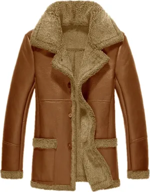 Men's Faux Leather Jackets Fleece Sherpa Lined Long Trench Coats Motorbike Mid-Length Button Up Trenchcoat
