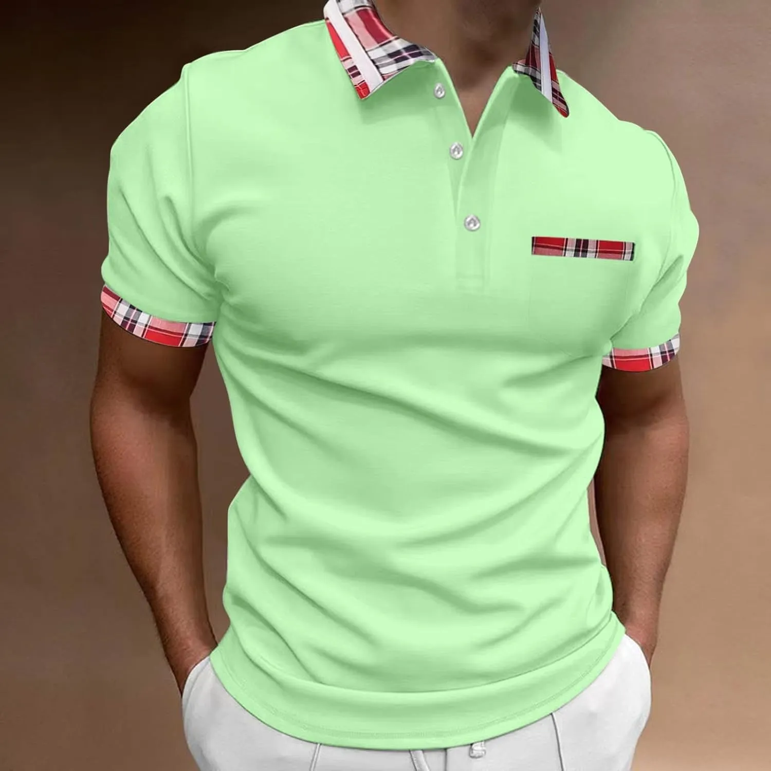 Men's Golf Polo Shirts Fashion Checked Collared Dressy Smart T-Shirts Quick Dry Performance Pique Jersey Shirt Top